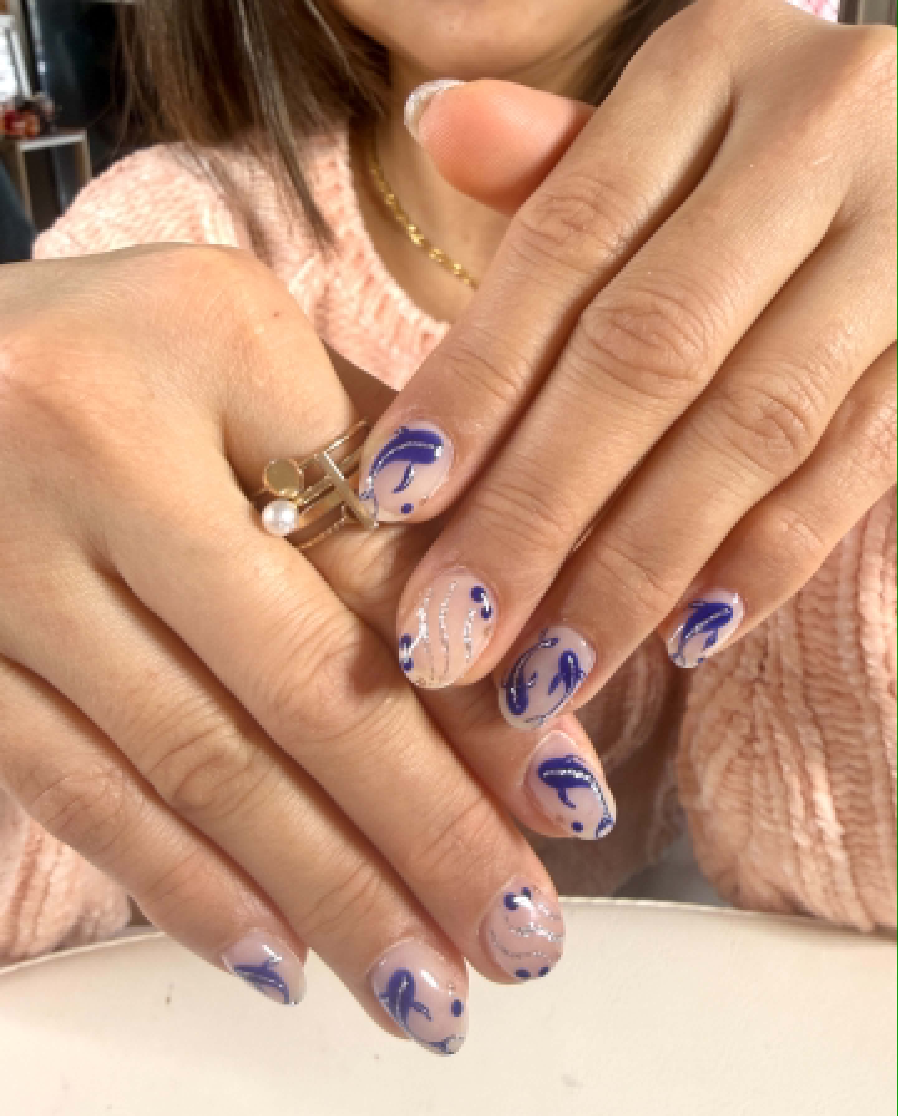 Sheer nails with blue swirl nail art — Caitlyn Nails