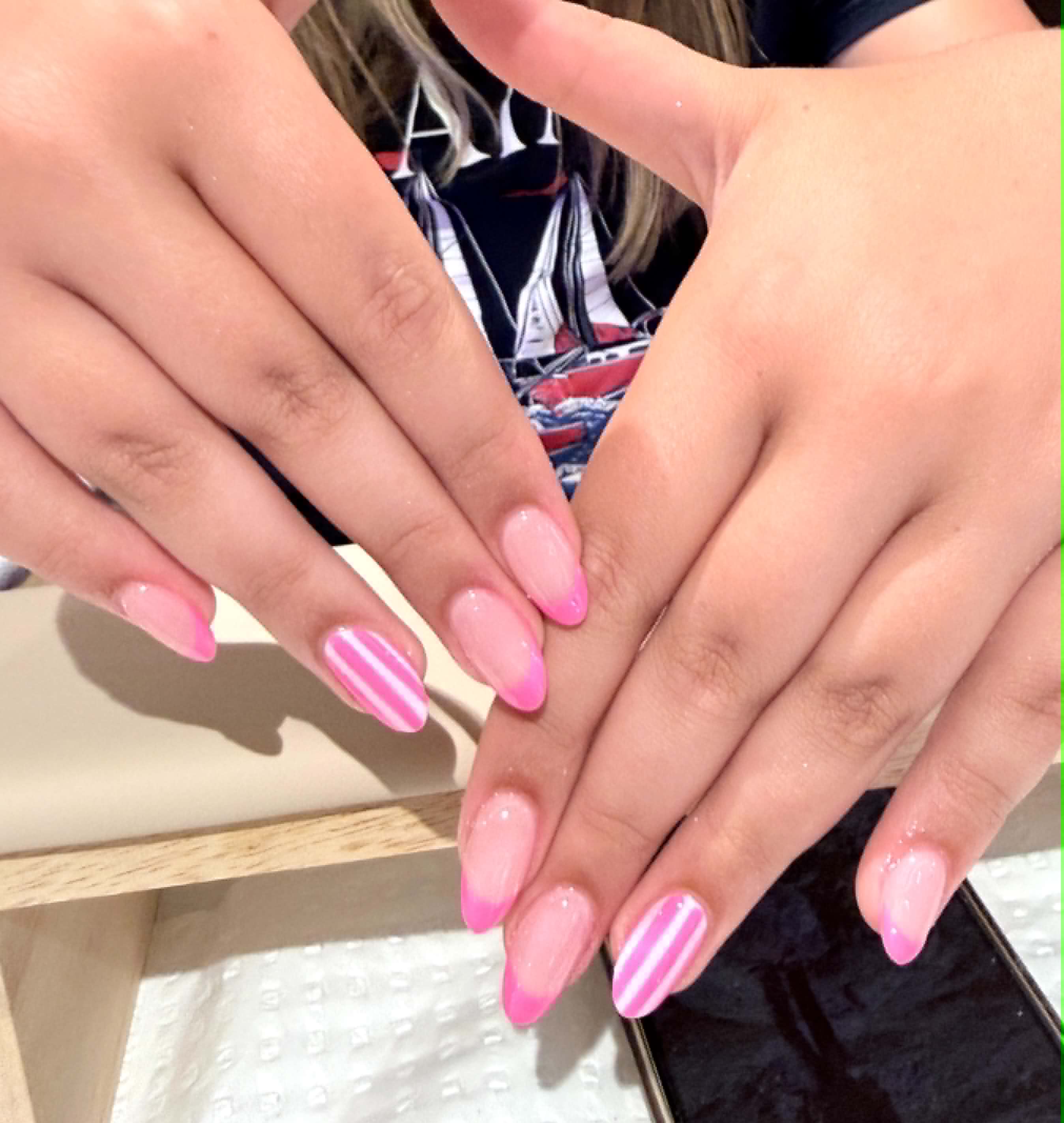Pink french nails with stripe design — Caitlyn Nails